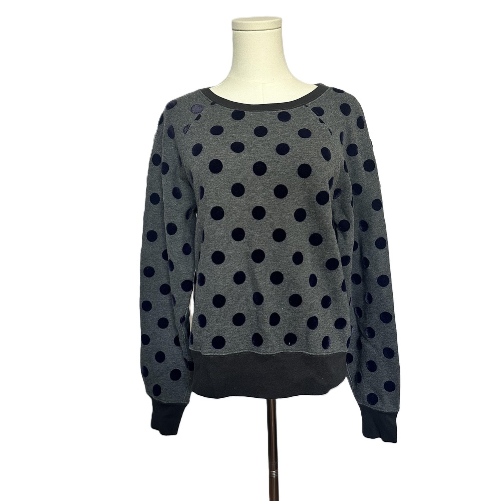 J Crew Gray Navy Polka Dot Sweater Womens Long Sleeve Crew Neck Cotton Size Med